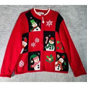 Vintage Snowman Christmas Cardigan Sweater Beaded Appliqué Tiara‎ International